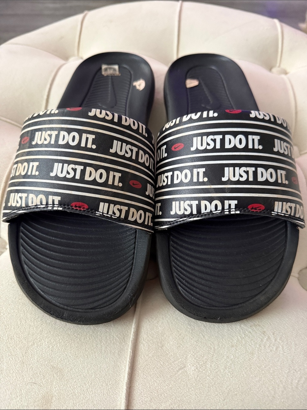 Nike Black Slides with White "Just Do It" Print